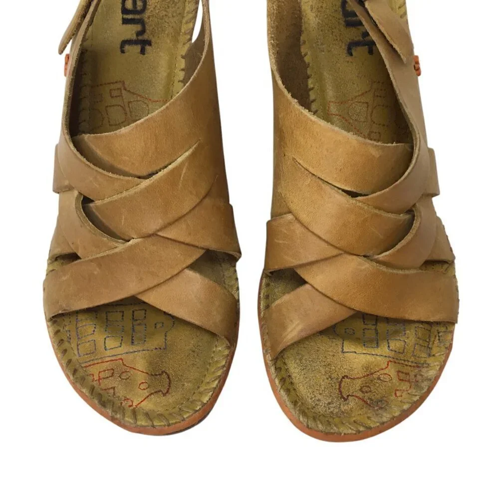 The Art Company Platform Sandals Golden Yellow Leather Wooden Heels Size 39 / 8